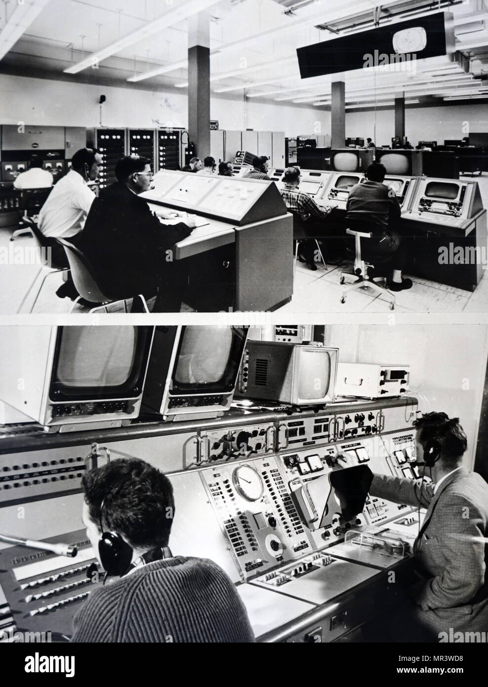 Photograph taken within the Telstar Satellite communications stations at Andover, Maine (above) and at Goonhilly Downs, England (below). Dated 20th century Stock Photo