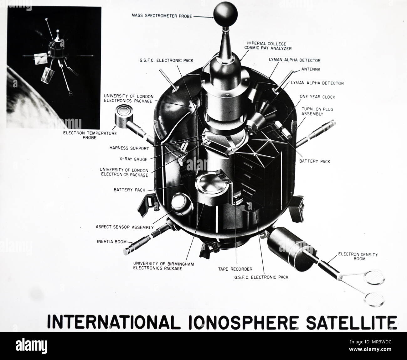 Cutaway drawing showing an instrument of the international ionosphere satellite (S-51), the first of the three satellites in the co-operative international programme being conducted by the United Kingdom and the United States. Dated 20th century Stock Photo