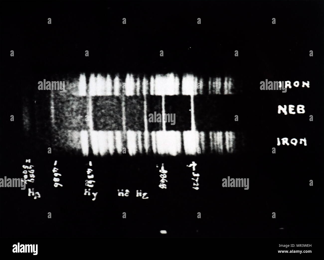 Photograph showing the spectrum of Dumb-bell nebula with comparison spectra. Photographed by Max Wolf (1863-1932) a German astronomer and a pioneer in the field of astrophotography. Dated 19th century Stock Photo