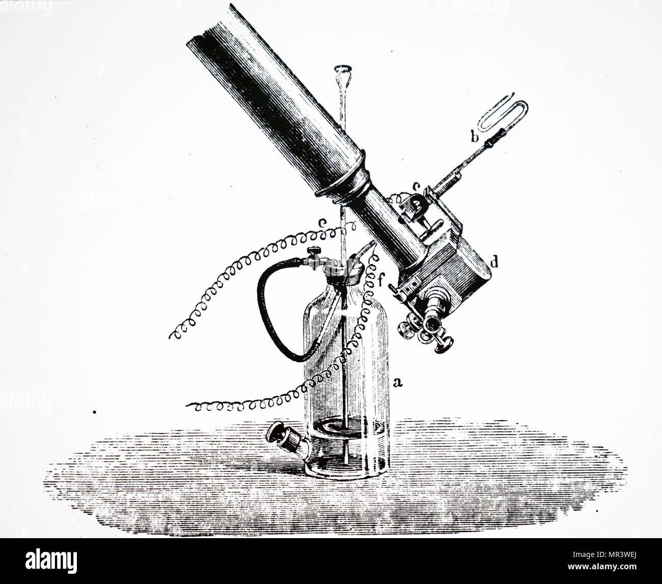 Engraving depicting William Huggins' apparatus for producing comparison spectra of hydrocarbons. This is the equipment used when studying Winnecke's comet. William Huggins (1824-1910) an English astronomer best known for his pioneering work in astronomical spectroscopy together with his wife Margaret Lindsay Huggins. Dated 19th century Stock Photo