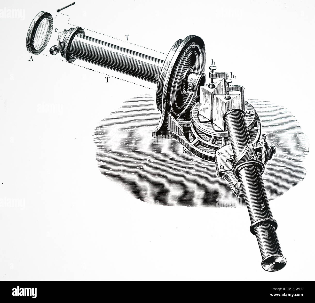 Engraving depicting William Huggins' stellar spectroscope which he used on his 8-inch diameter refractor at Tulse Hill. Constructed by Browning of London, the relative positions of telescope and prisms could be adjusted by a Micrometer screw so that different parts of the spectrum could be examined. William Huggins (1824-1910) an English astronomer best known for his pioneering work in astronomical spectroscopy together with his wife Margaret Lindsay Huggins. Dated 19th century Stock Photo