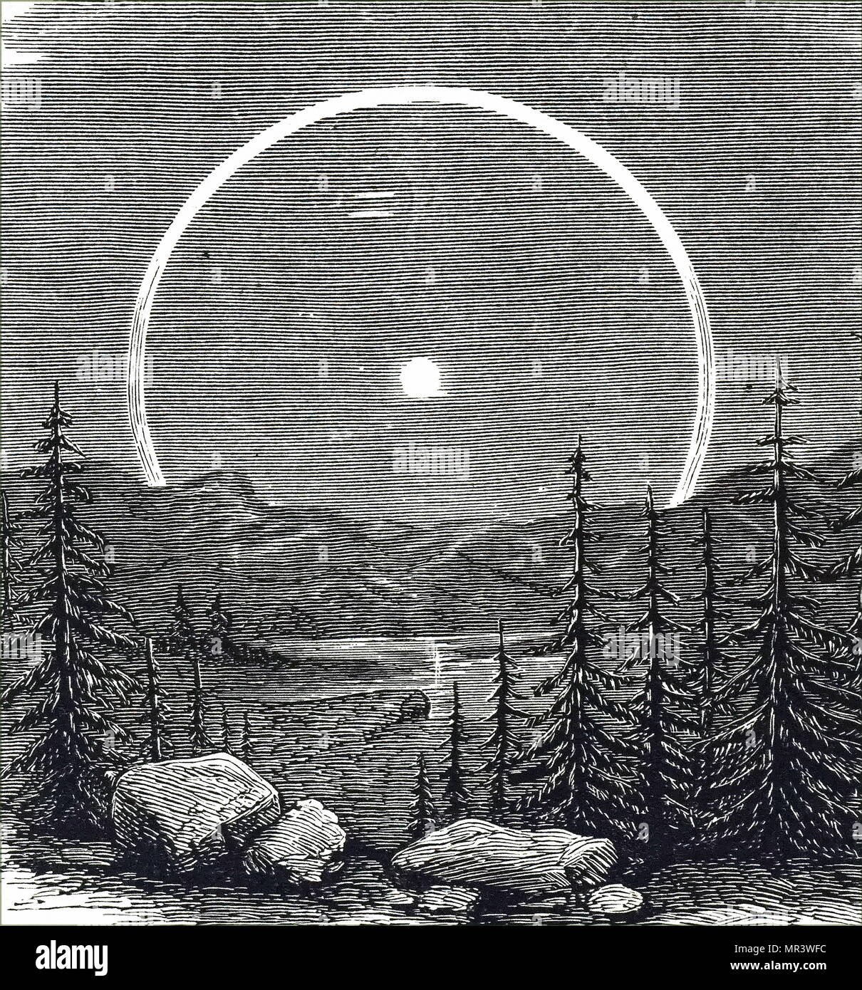 Illustration depicting a lunar halo or 'glory'. Like similar phenomena observed round the sun, such haloes are caused by the reflection from water droplets or minute ice particles in the earth's atmosphere. Dated 18th century Stock Photo