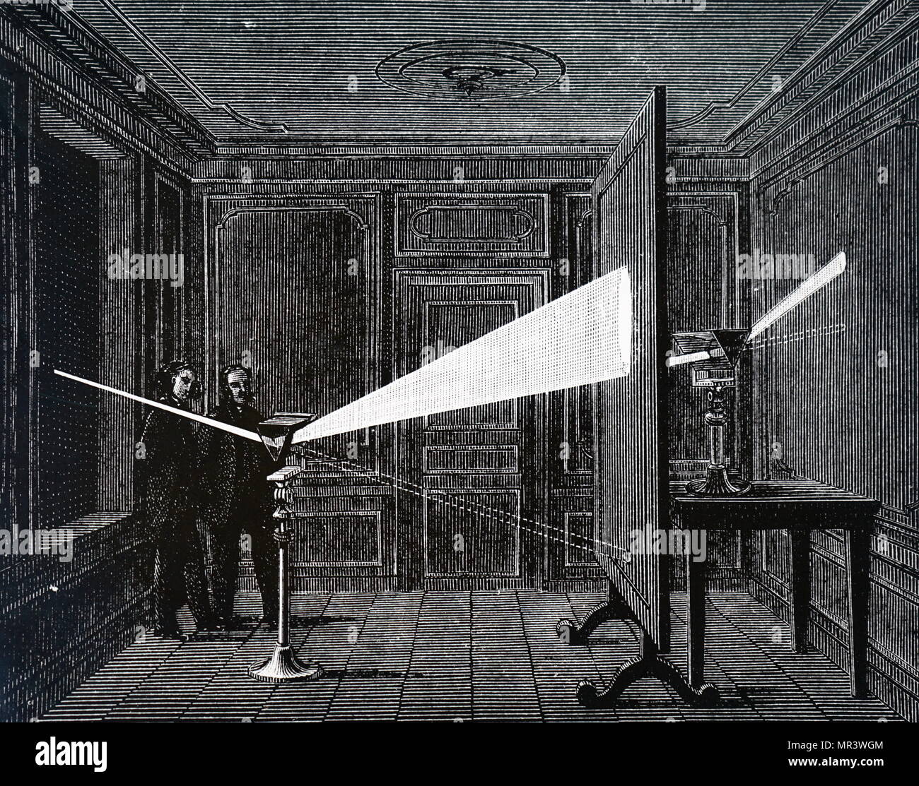 Illustration depicting the passing of a ray of sunlight through a prism