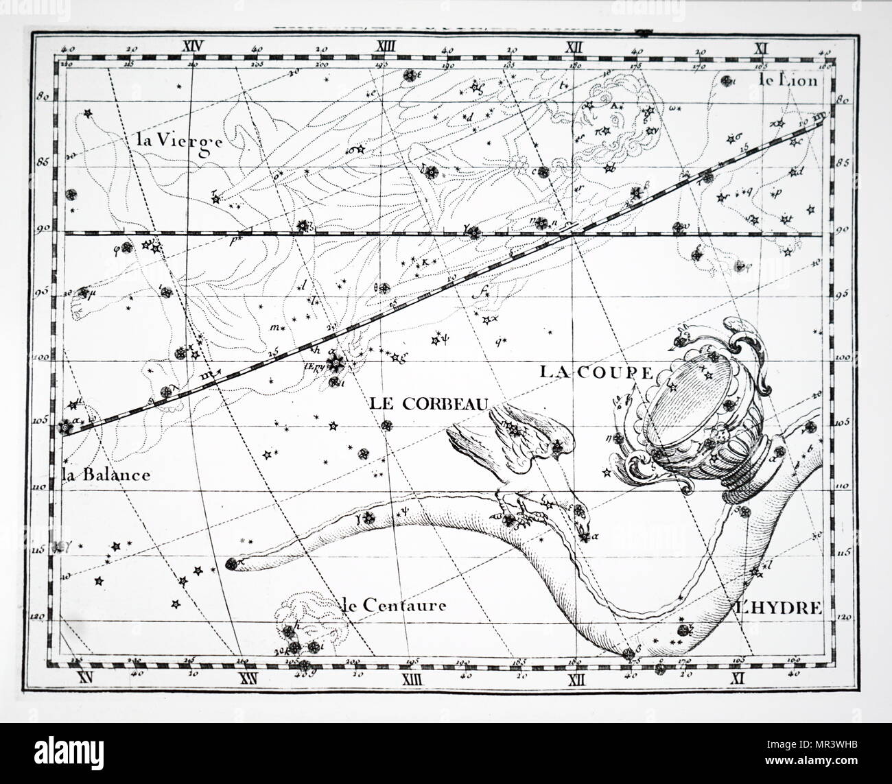 Chart showing constellations of Hydra, Corvus and Crater. Dated 18th century Stock Photo