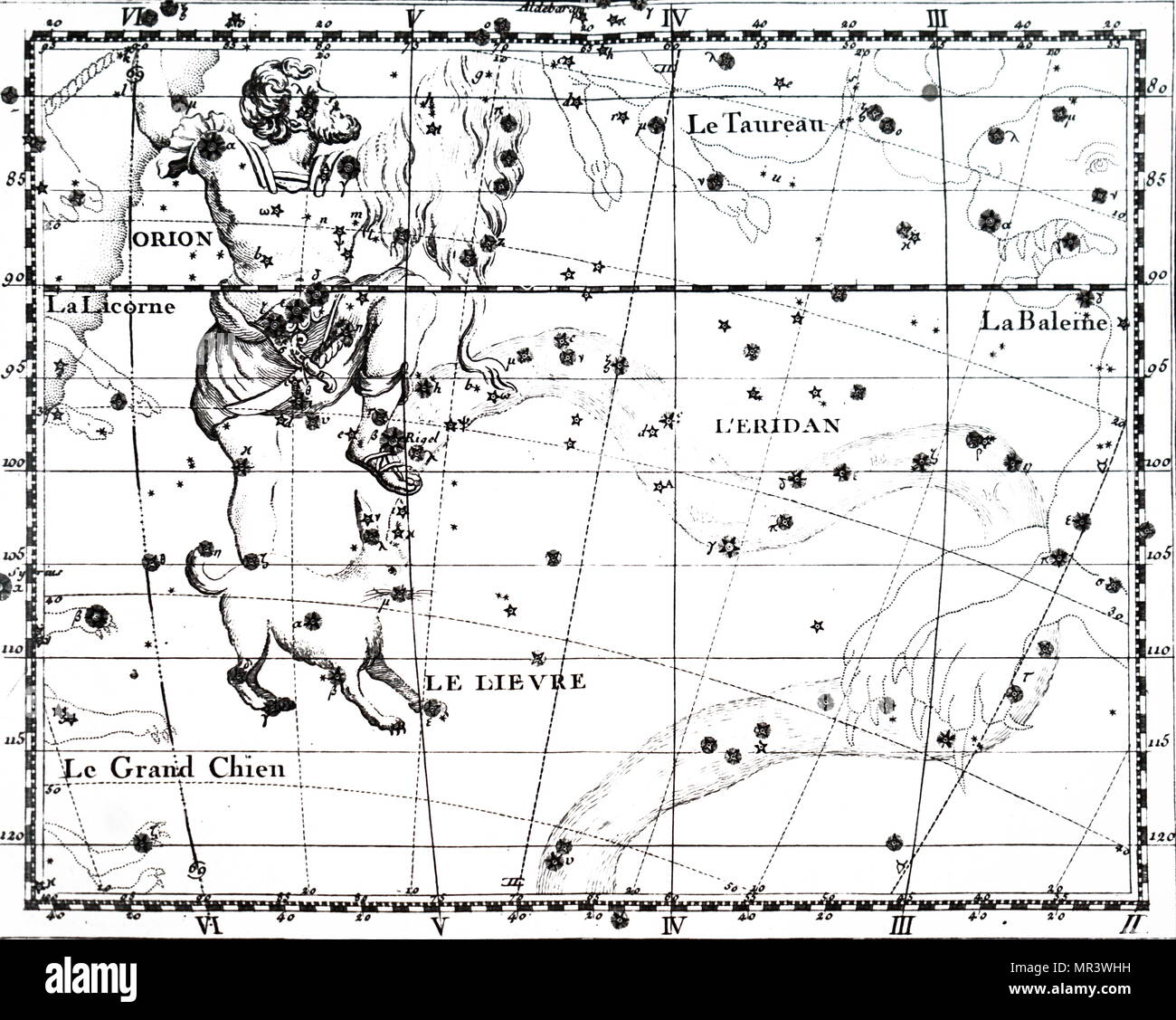 Chart showing the constellation of Orion. Dated 18th century Stock Photo