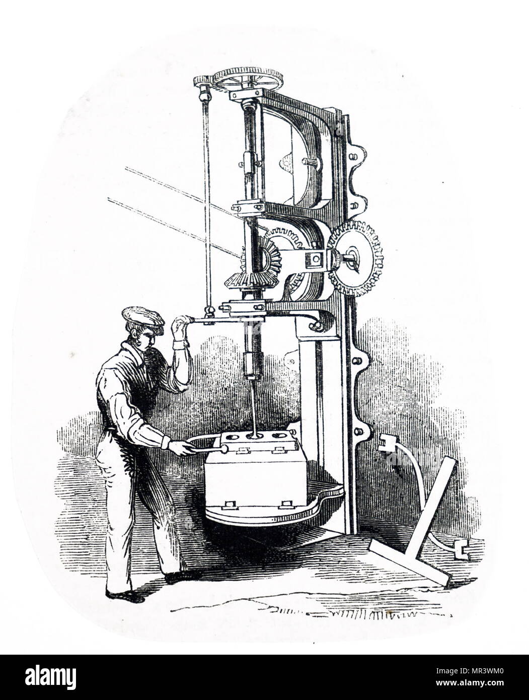 Illustration depicting the boring of the cylinder of a steam engine: Vulcan Foundry, Washington Street, Glasgow. Dated 19th century Stock Photo