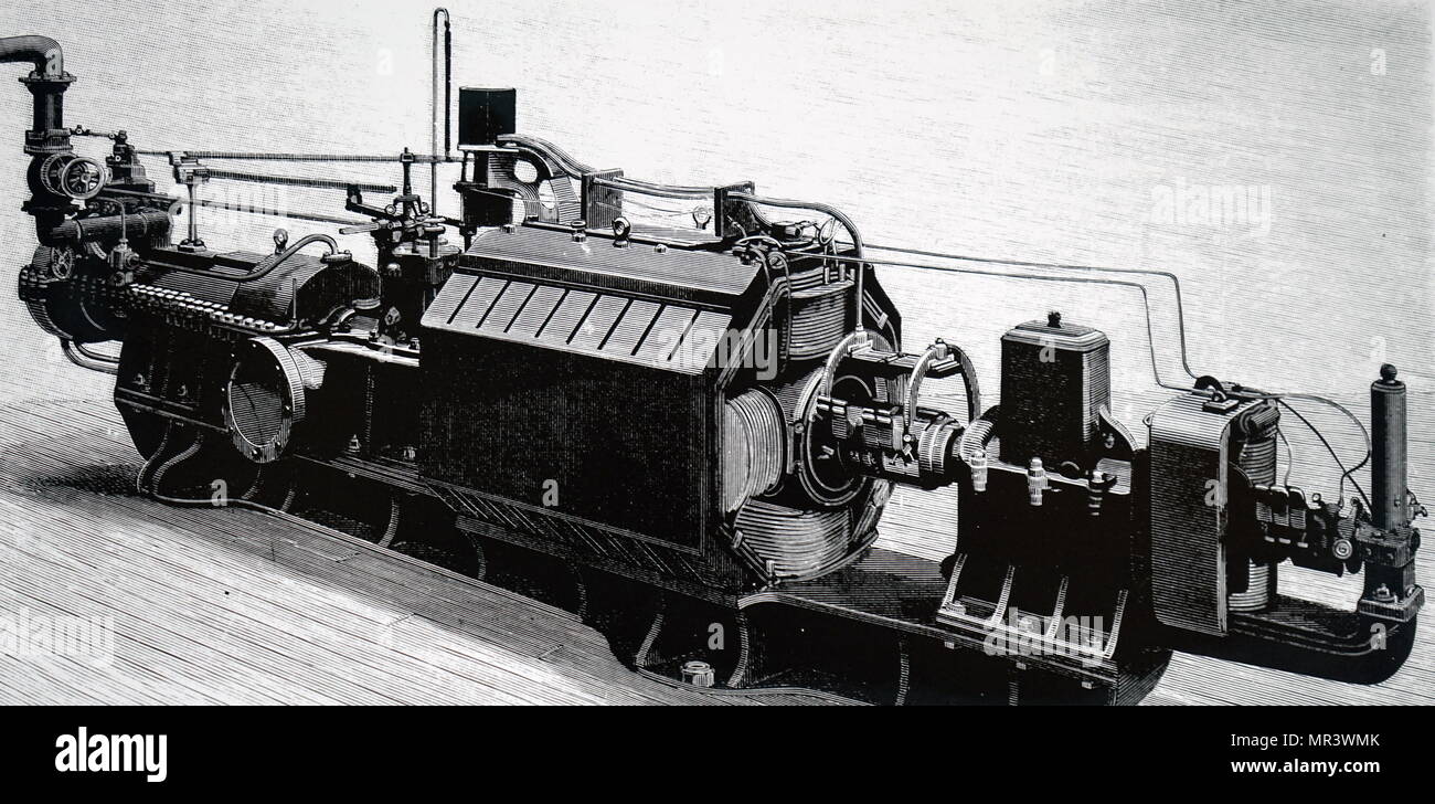 Illustration depicting a parsons 350 kW turbo-alternator belonging to the Metropolitan Electric Supply Company. Dated 19th century Stock Photo