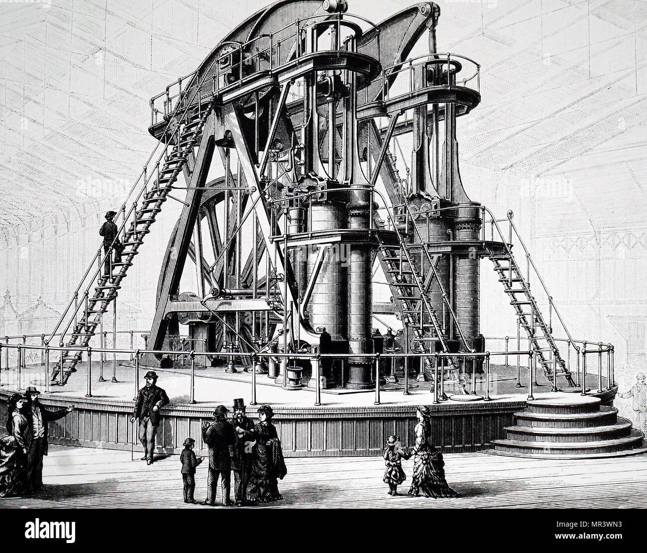Illustration depicting a beam engine with compound cylinders. Dated 19th century Stock Photo