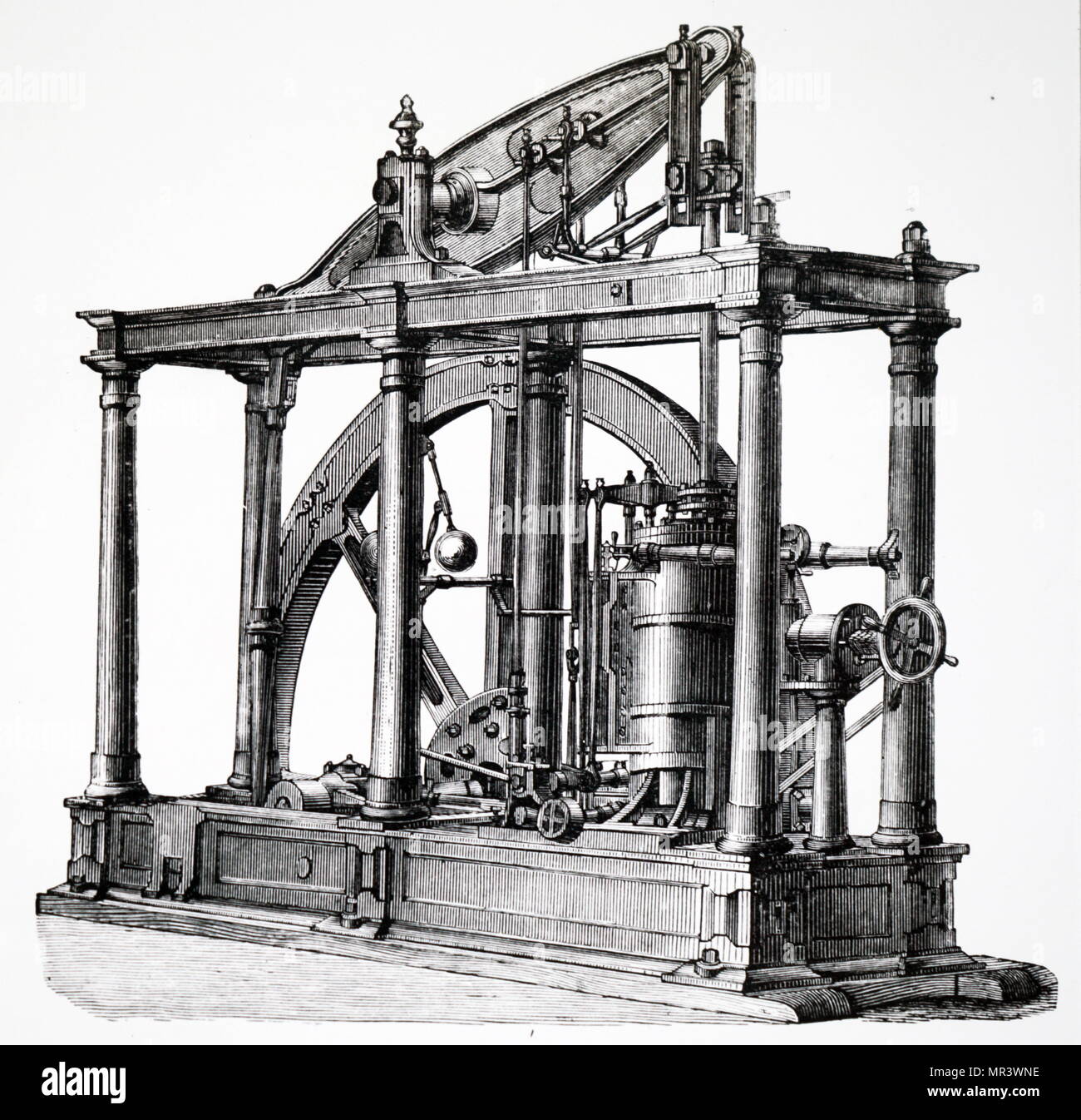 Illustration depicting a beam engine with compound cylinders. Dated 19th century Stock Photo