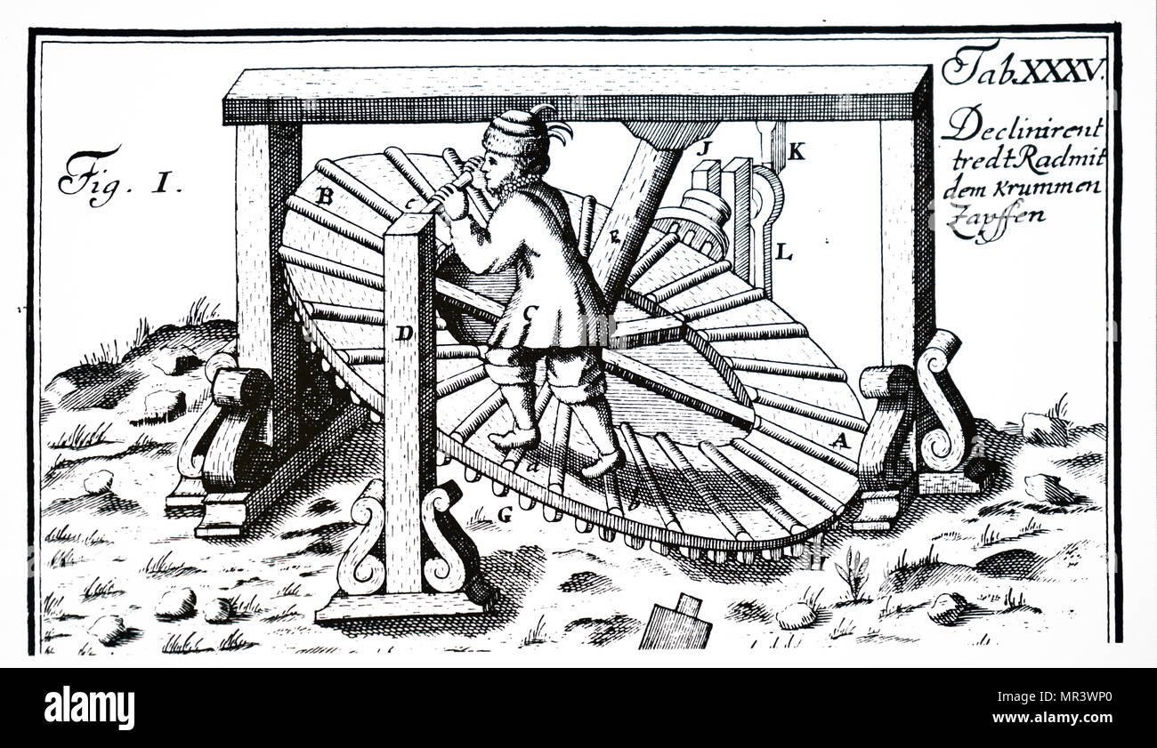 Illustration depicting a man working an inclined tread wheel. Dated 18th century Stock Photo