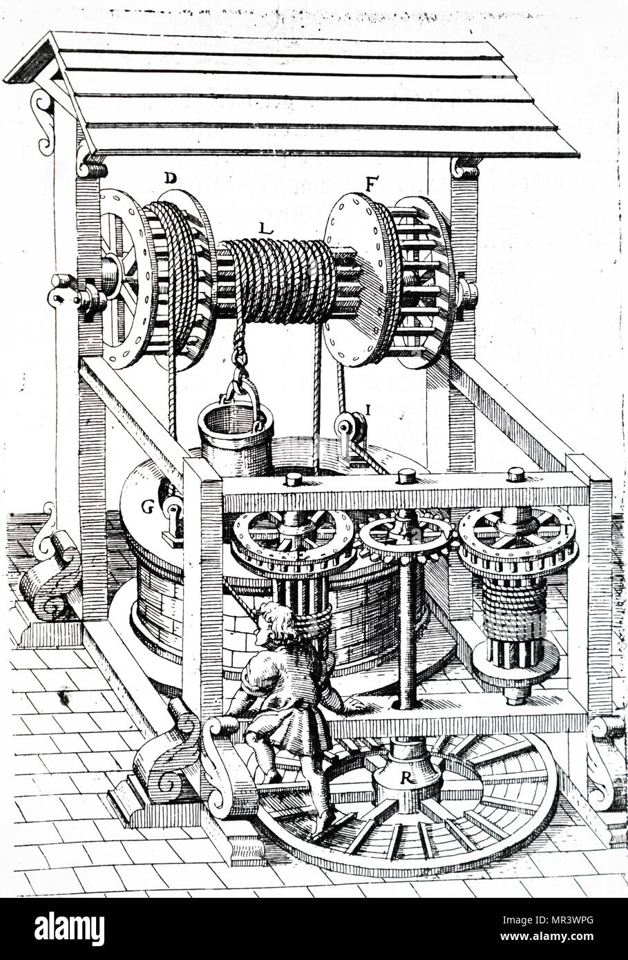 Illustration depicting the raising of water by means of a tread wheel. Dated 17th century Stock Photo