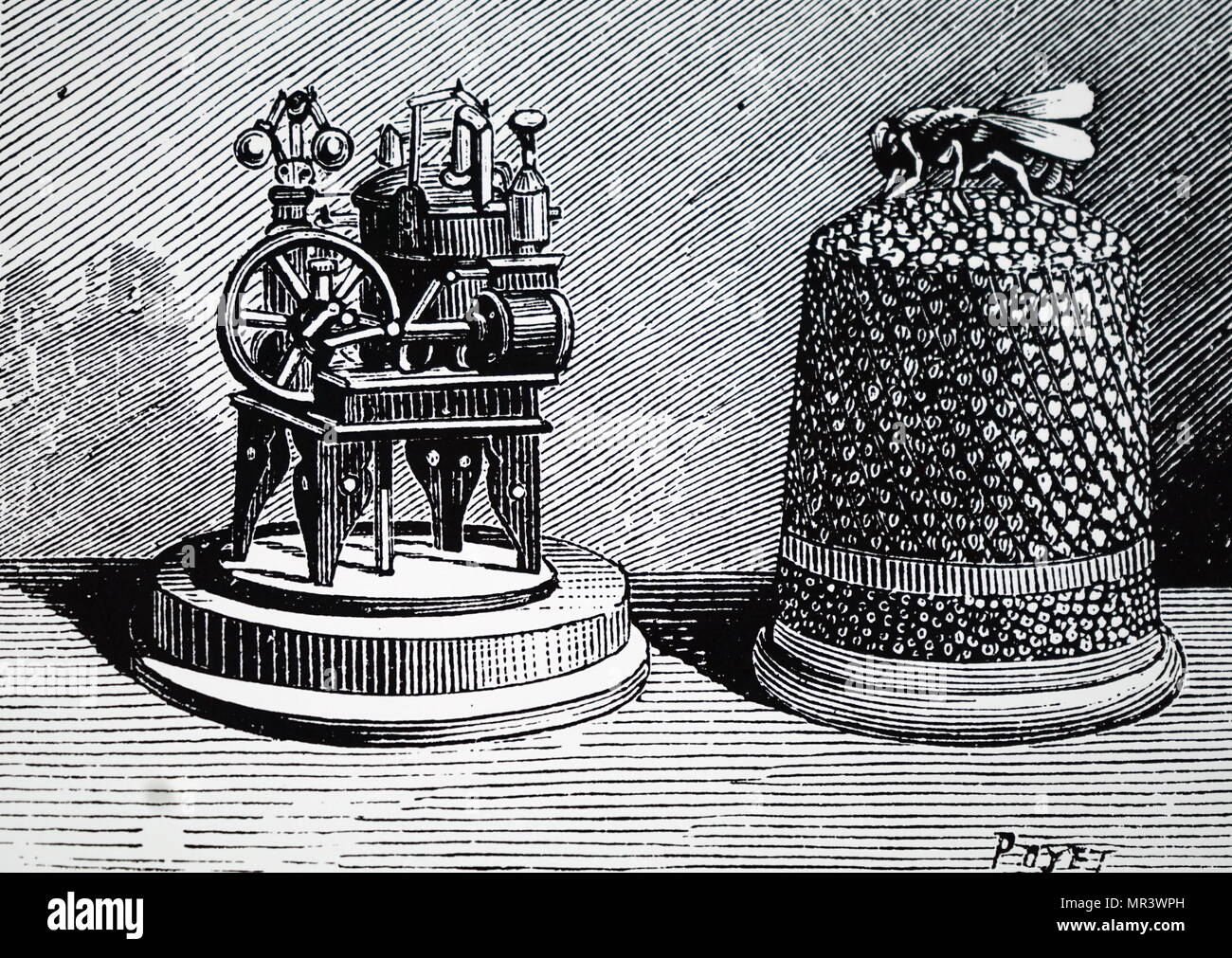 Engraving depicting a thimble-sized steam engine. Dated 19th century Stock Photo