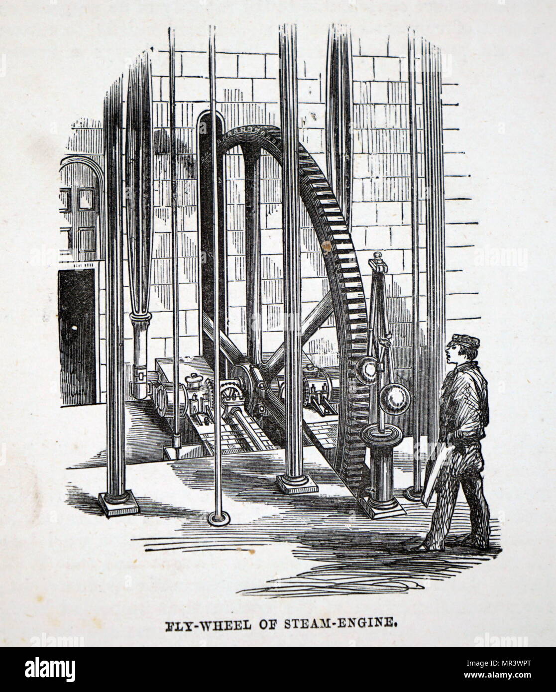 Illustration depicting a fly-wheel and governor of steam engine. Dated 19th century Stock Photo