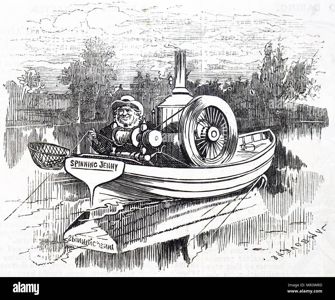 Cartoon depicting a fisherman using a steam boat to fish from. Dated 19th century Stock Photo