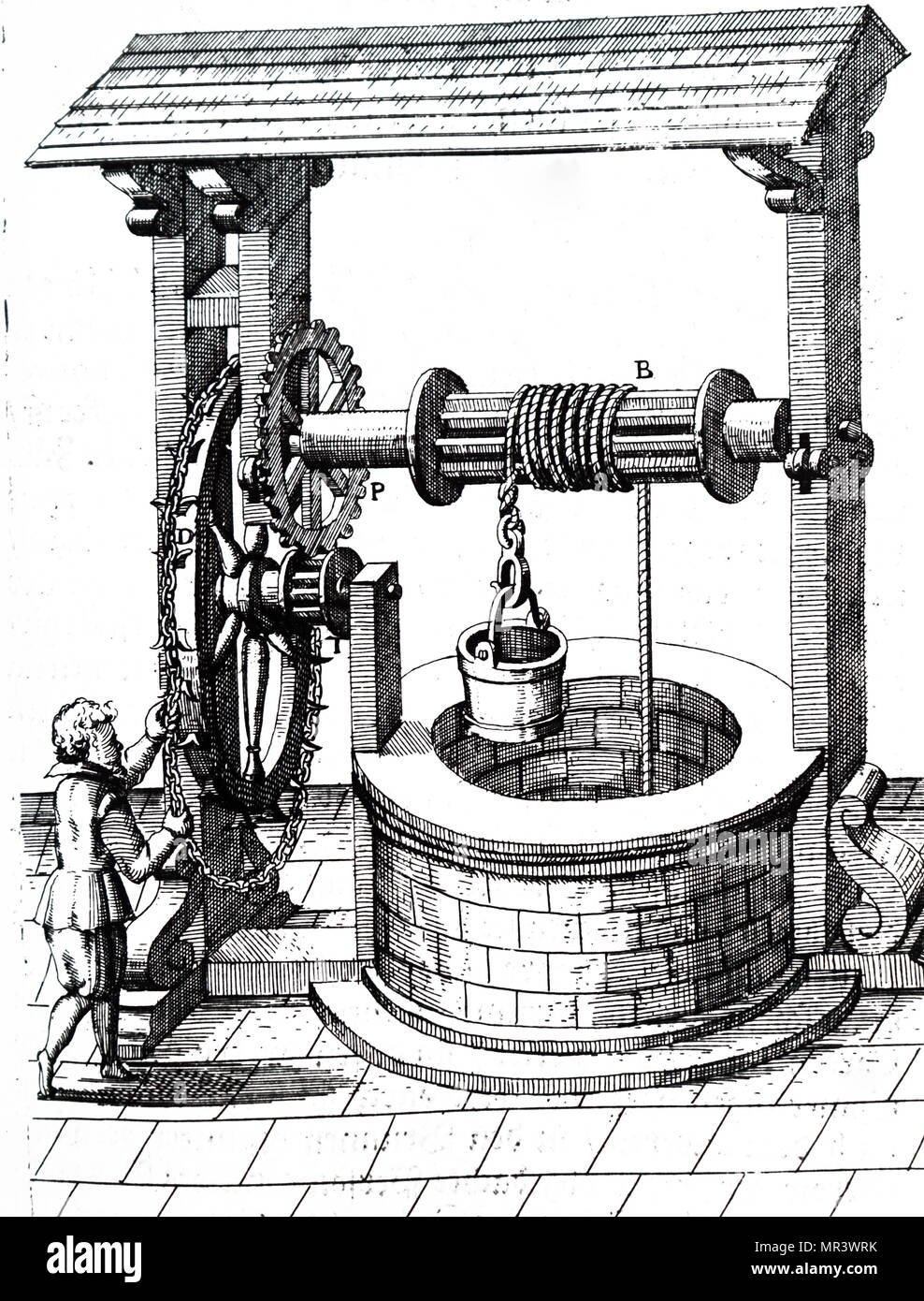 Engraving depicting the raising of a bucket of water from a well using