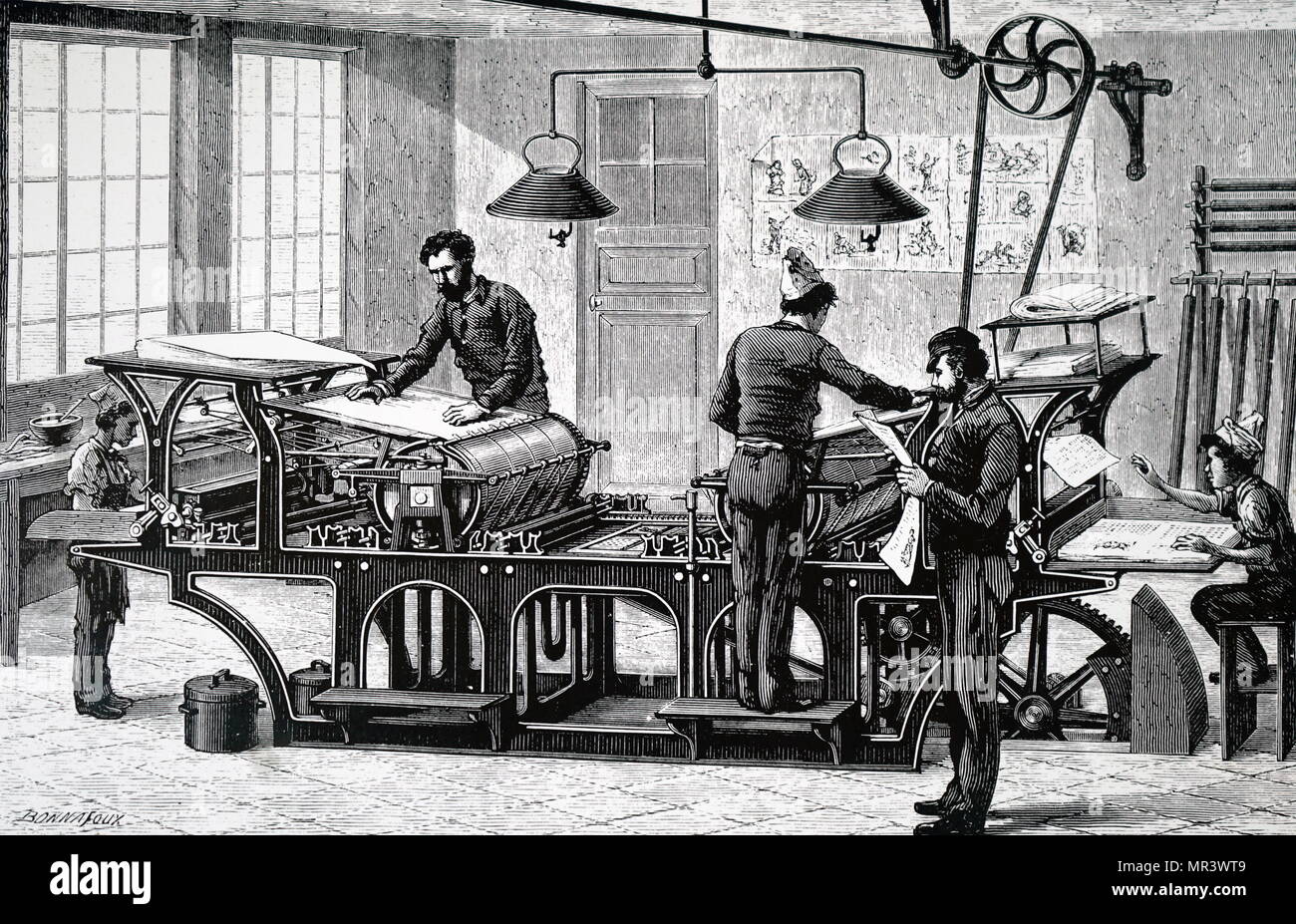 Engraving depicting a printing press powered by a steam engine. Power was brought to the machine by an overhead shaft and a belt drive. Dated 19th century Stock Photo