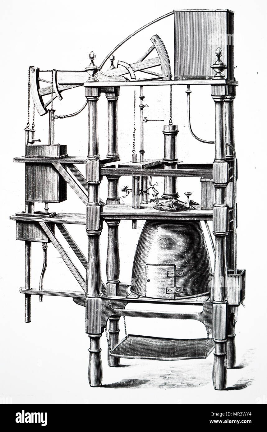 Engraving depicting a Newcomen steam engine. Thomas Newcomen (1664-1729) an  English inventor who created the first practical steam engine in 1712, the  Newcomen atmospheric engine. Dated 18th century Stock Photo - Alamy