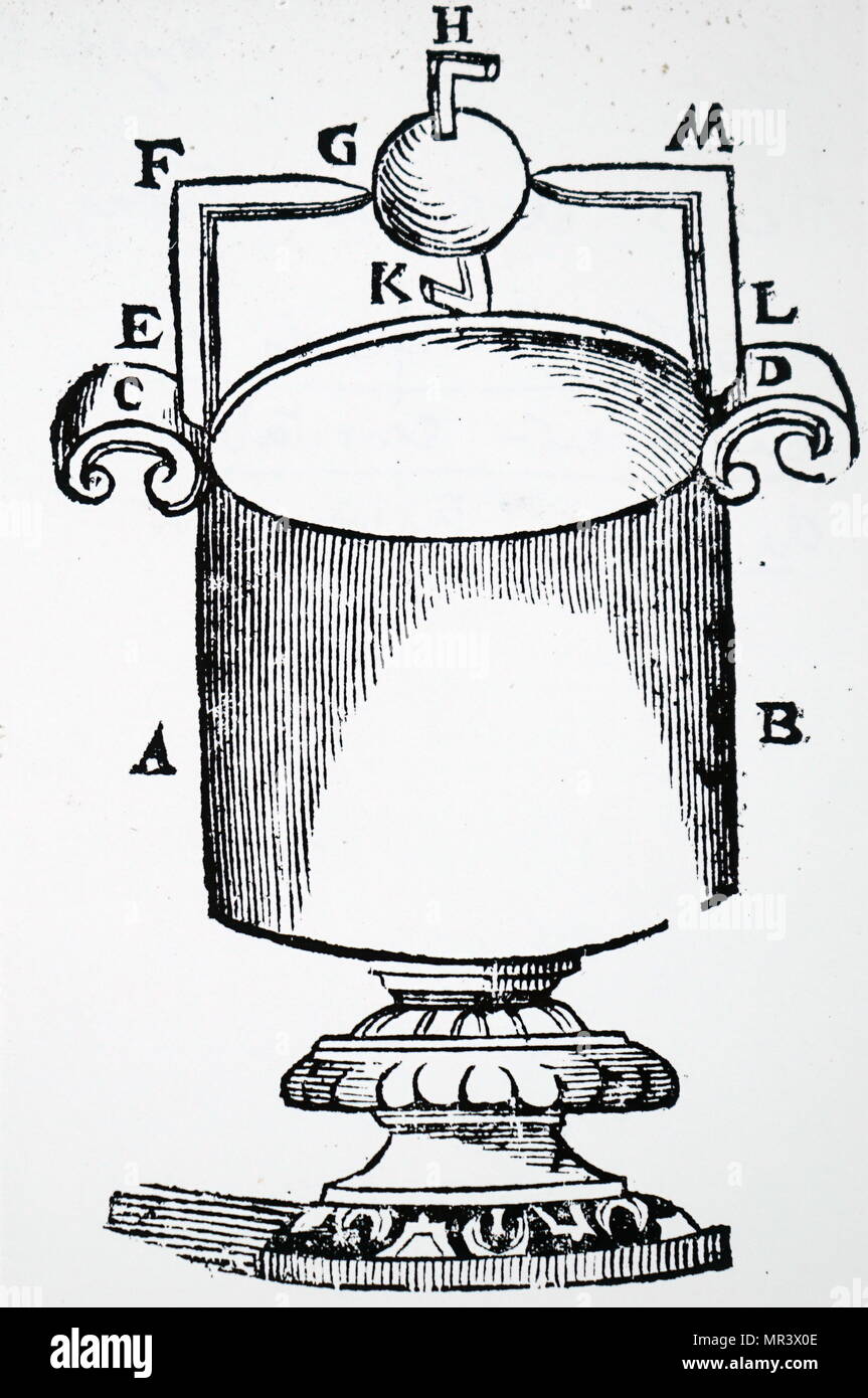Engraving depicting an Aeolipile, a simple bladeless radial steam