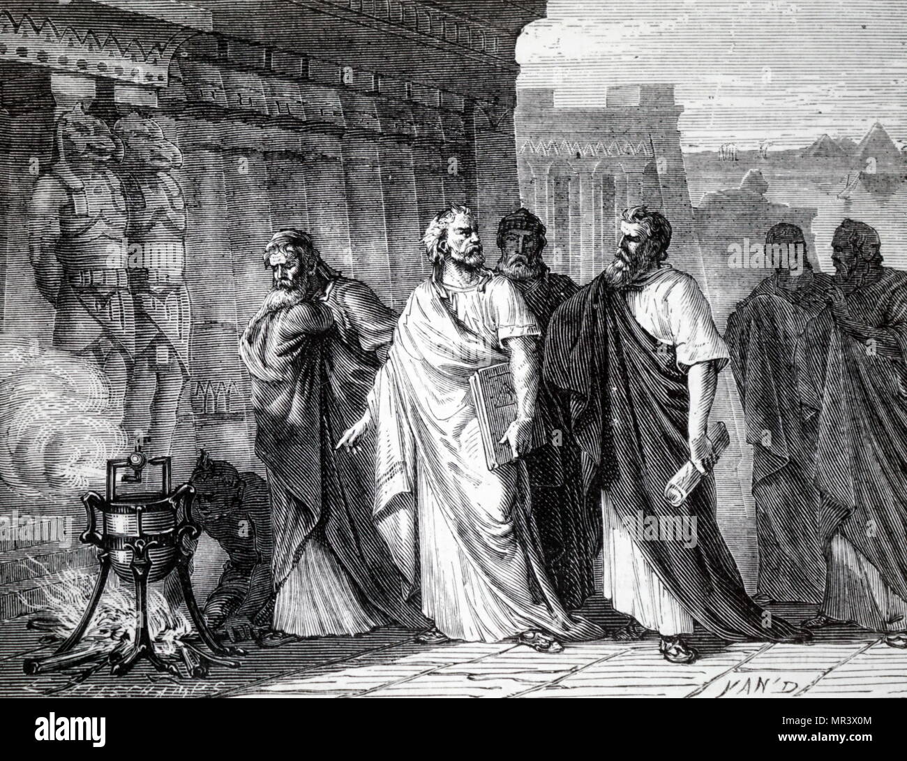 Engraving depicting Hero of Alexandria demonstrating his aeolipile. Hero of Alexandria (10 AD- c. 70 AD) a Roman Egyptian mathematician and engineer. Dated 19th century Stock Photo