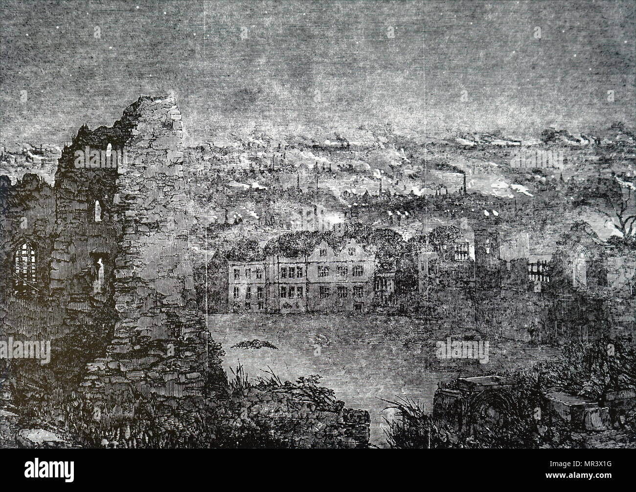 Engraving depicting a view of Dudley from the castle at night, showing the smoke from the chimneys of the ironworks. Dated 19th century Stock Photo