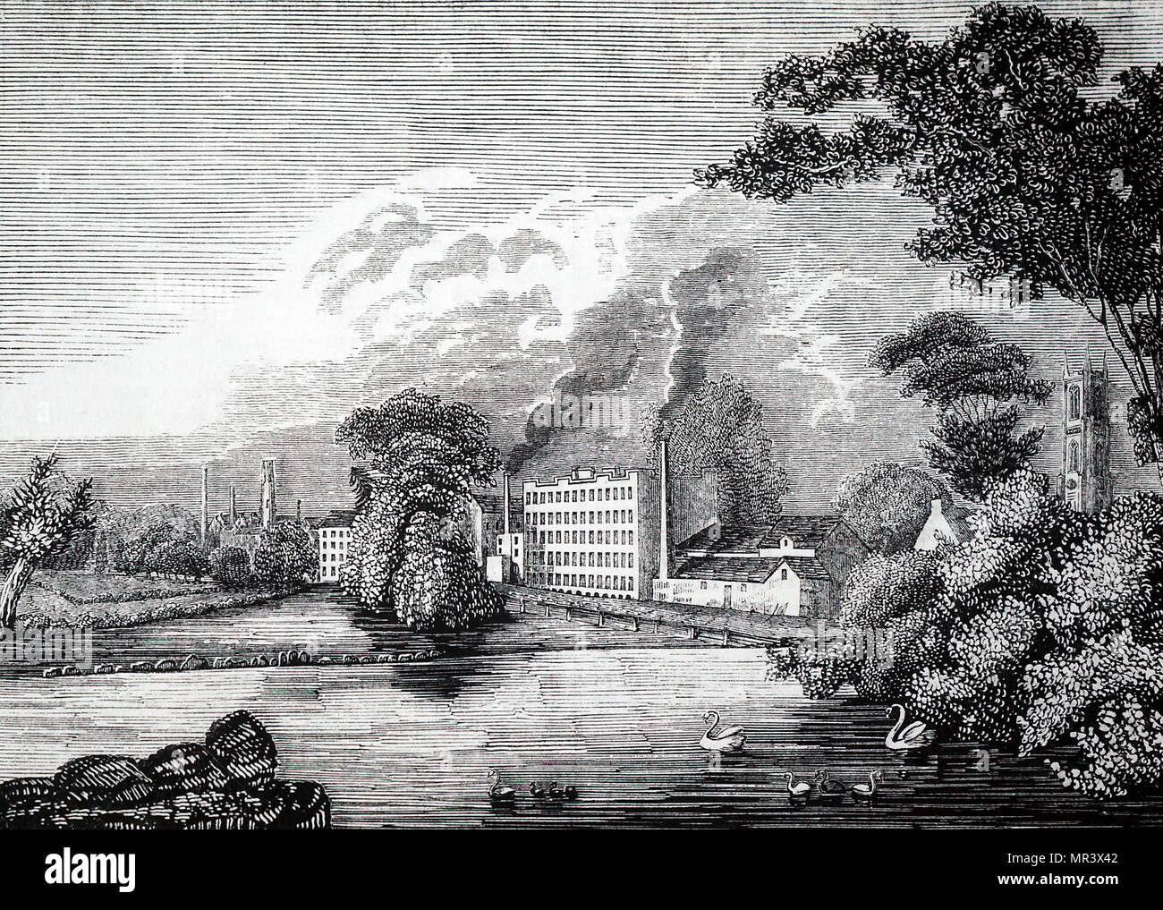 Engraving depicting Sir Thomas Lombe's silk mill on the river Derwent at Derby. This was the first water-powered textile mill in Britain (circa. 1720) and preceded Arkwright's by 50 years. Thomas Lombe (1685-1739) an English merchant and developer of machinery for silk throwing. Dated 19th century Stock Photo