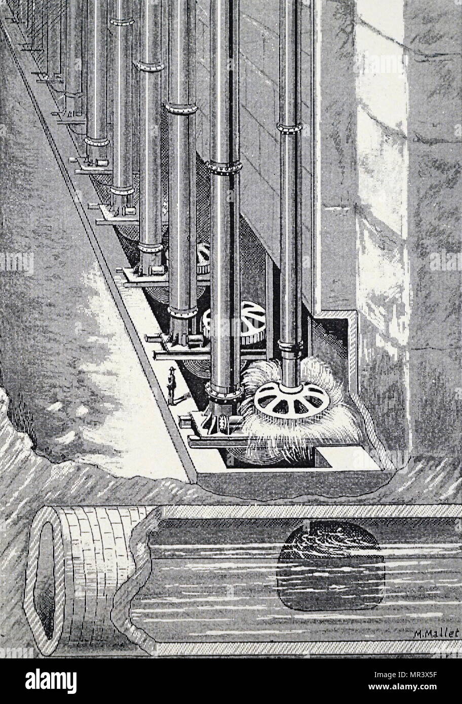 Engraving depicting the turbines of the Niagara Falls hydroelectric power station. Dated 19th century Stock Photo