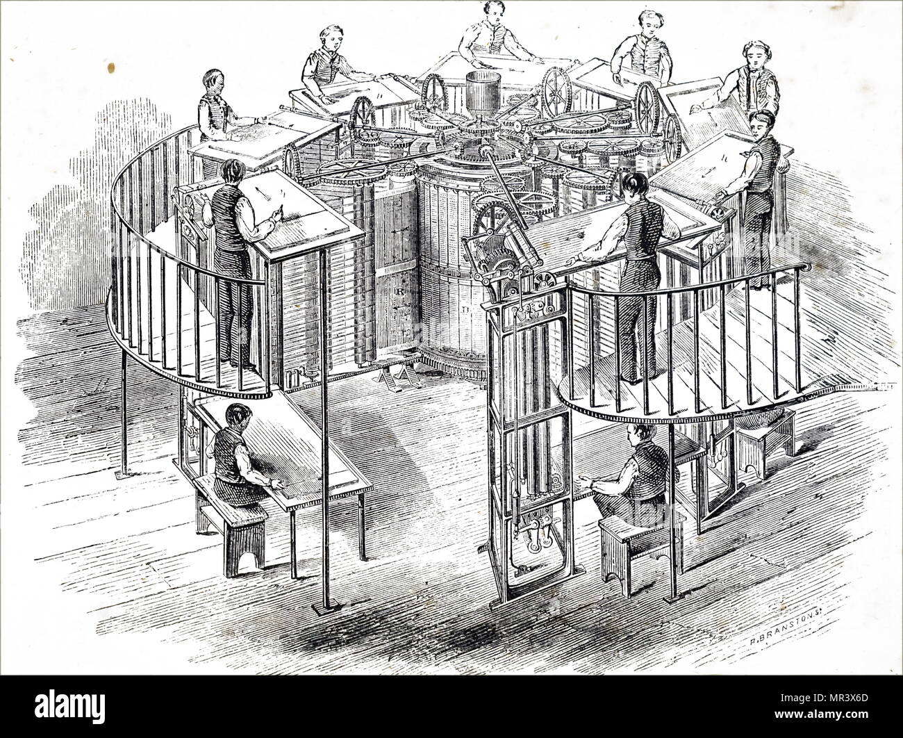 Engraving depicting Augustus Applegath's vertical cylinder printing machine. Augustus Applegath (1788-1871) an English printer and inventor known for developing the first workable vertical-drum rotary printing press. Dated 19th century Stock Photo