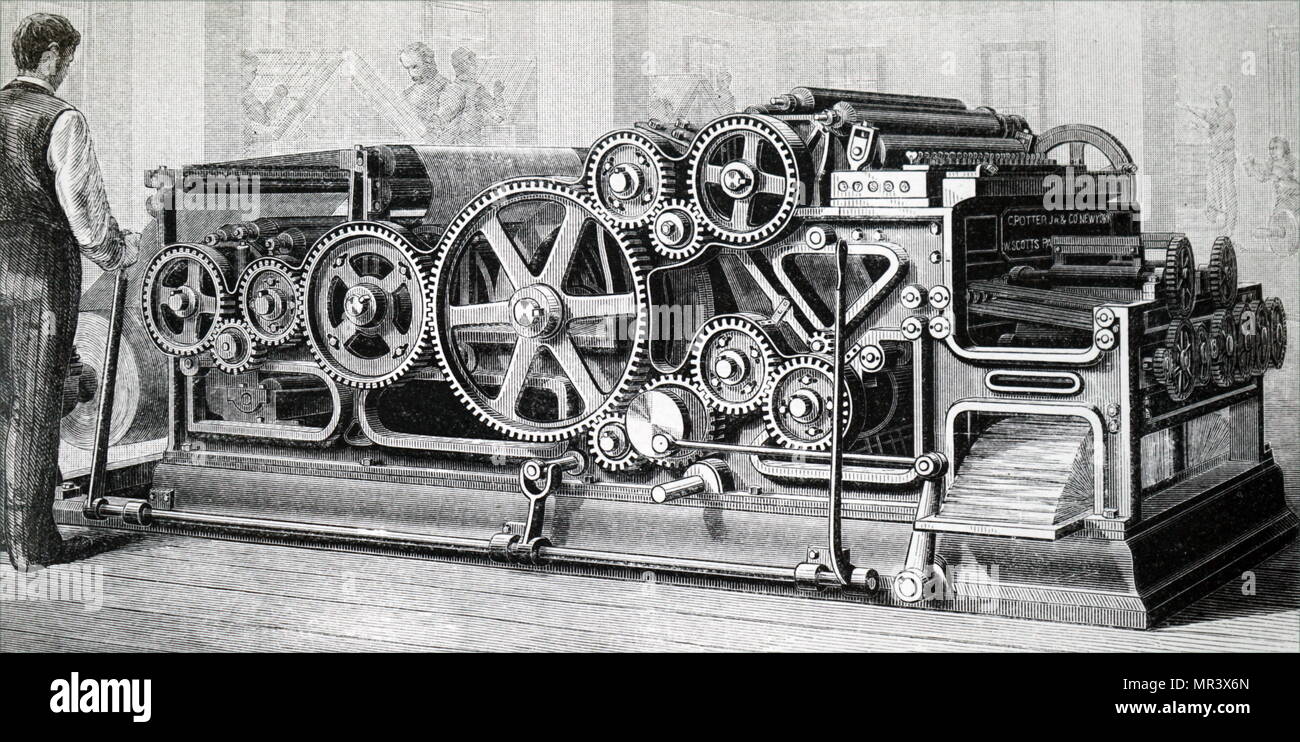 Engraving depicting the Scott web rotary press, built by C. Potter Jr & Co., New York. This could print, cut and double fold 30,000 small folio newspapers in an hour. Dated 19th century Stock Photo
