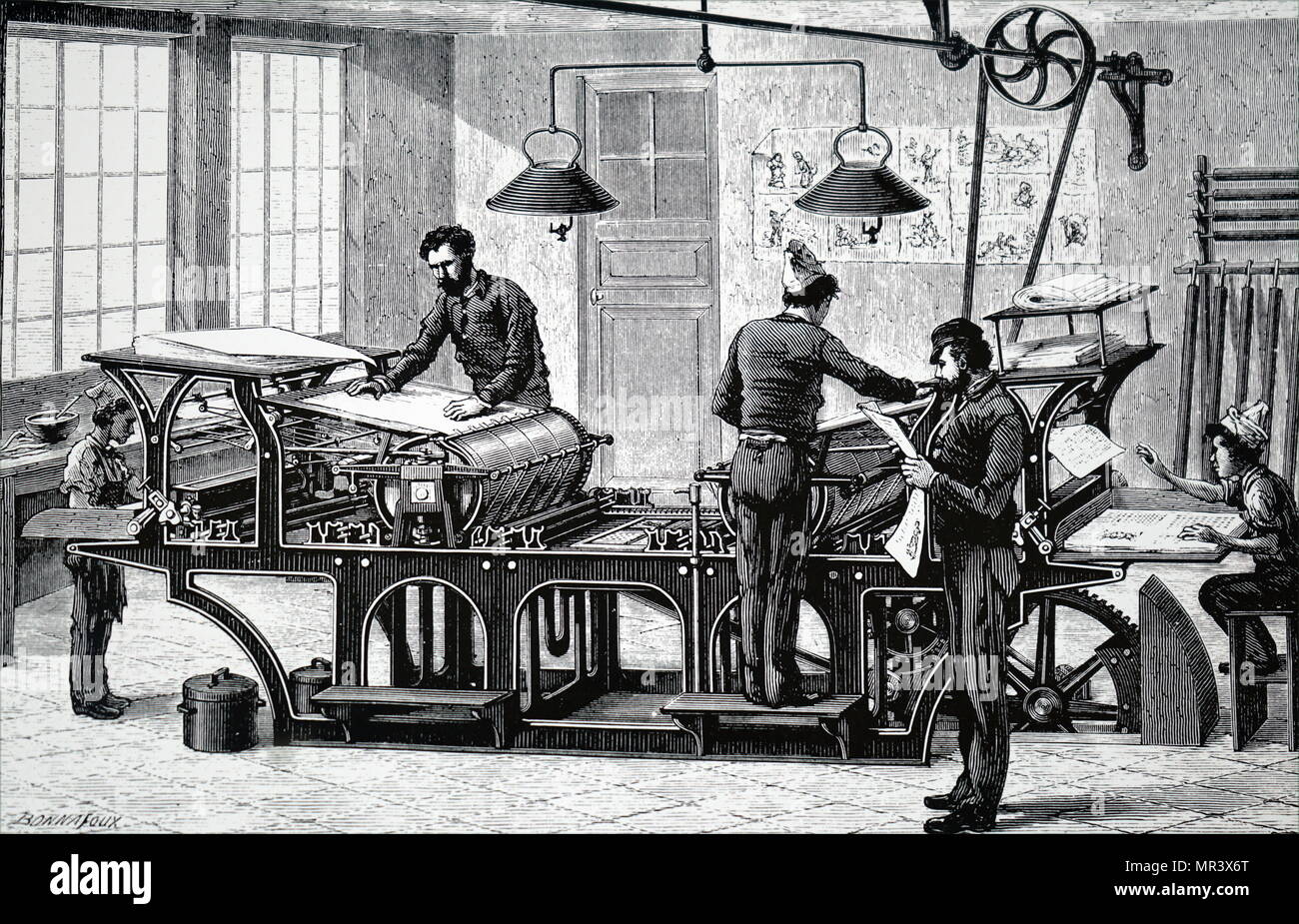 Illustration depicting a printing press powered by a steam engine
