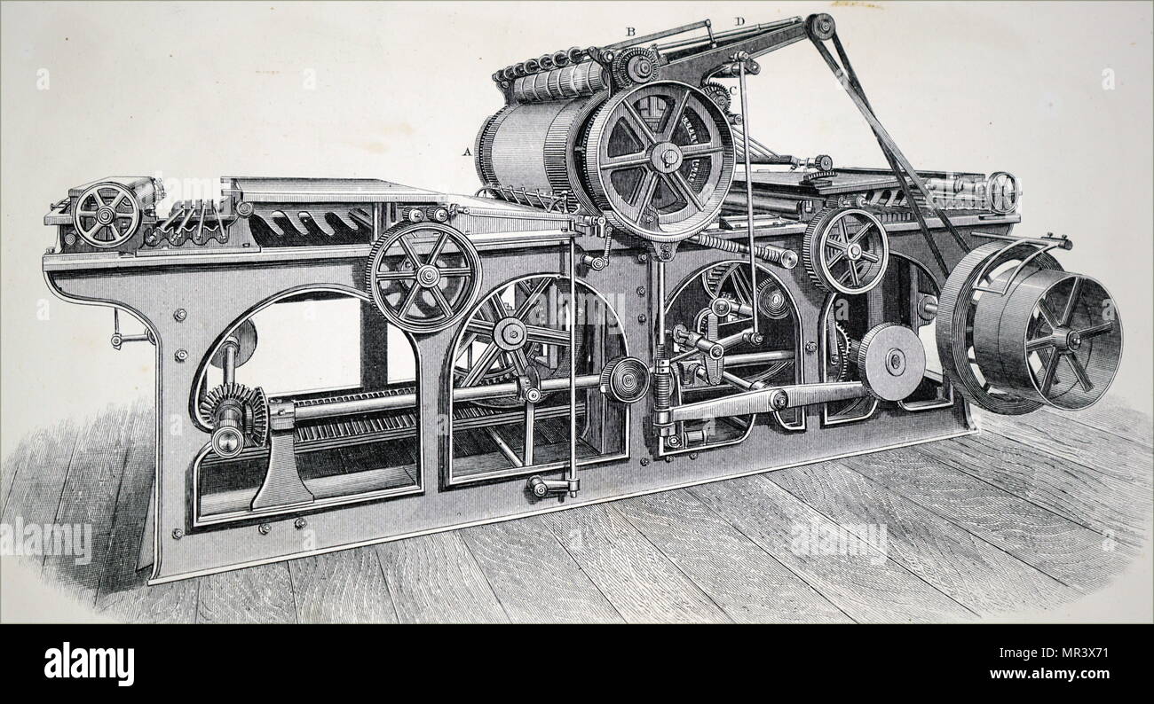 Engraving depicting a single cylinder perfecting machine. Dated 19th century Stock Photo