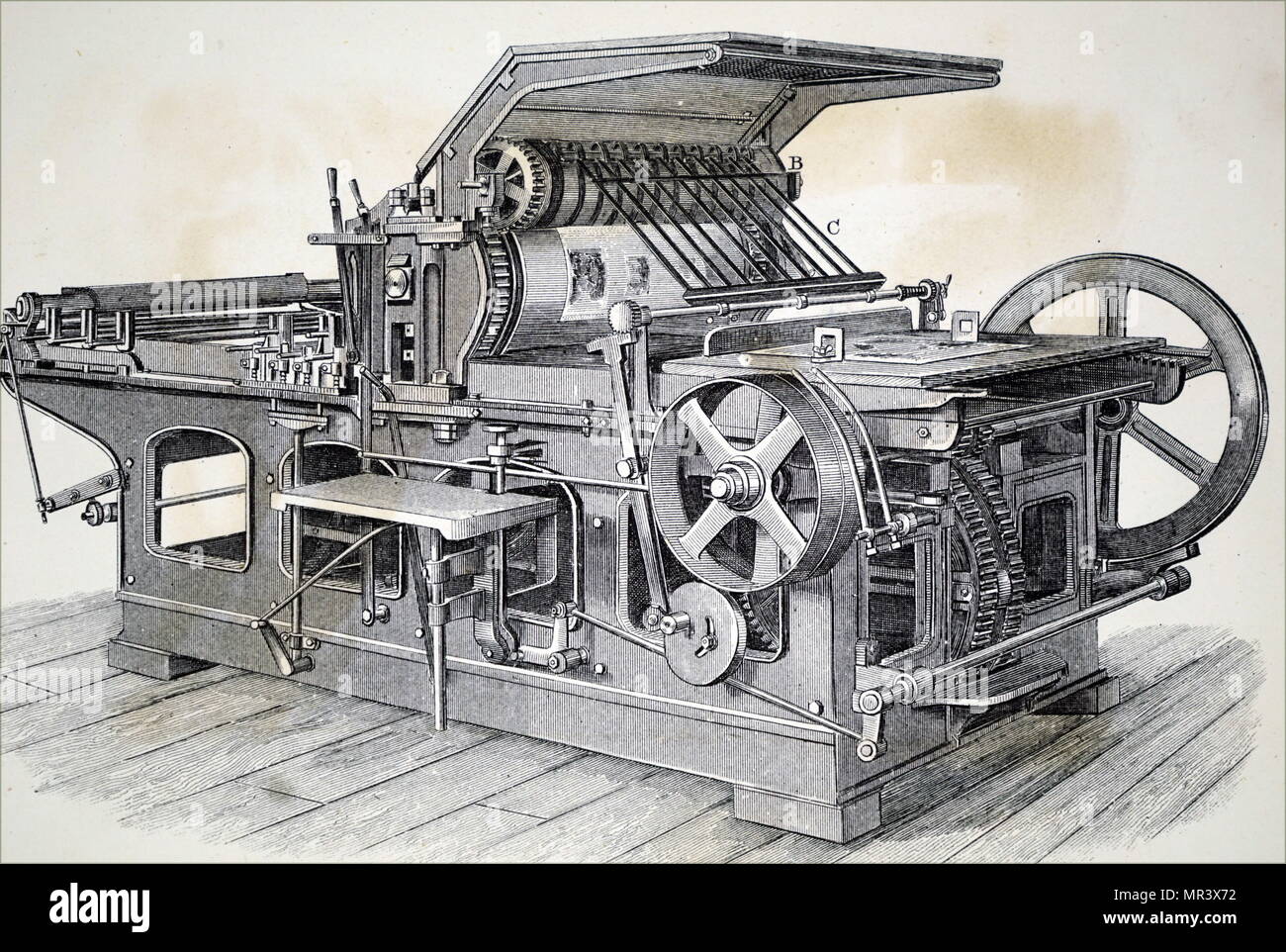 Engraving depicting a single cylinder perfecting machine. Dated 19th century Stock Photo