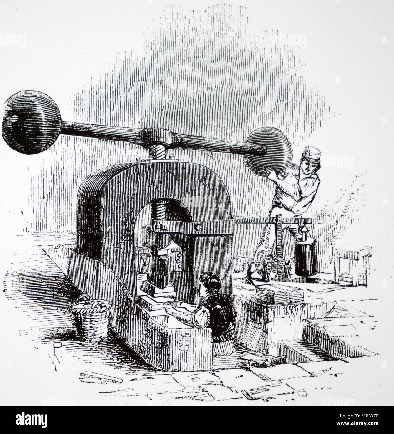 Engraving Depicting A Process In Bookbinding Embossing Press For