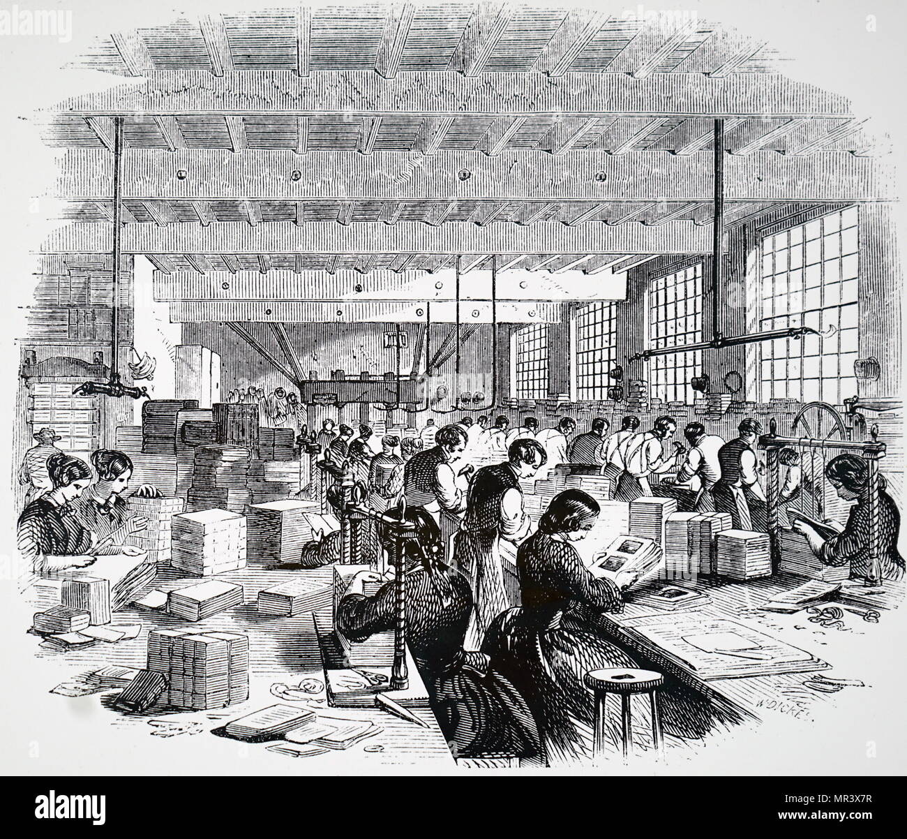 Illustration depicting a general view of a bindery. In the foreground a woman is sewing signatures in a sewing press. Dated 19th century Stock Photo