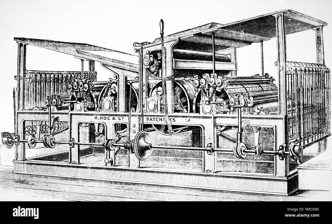 Illustration depicting a double-feed printing machine using stereo plates, and capable of high-speed operation. Dated 19th century Stock Photo