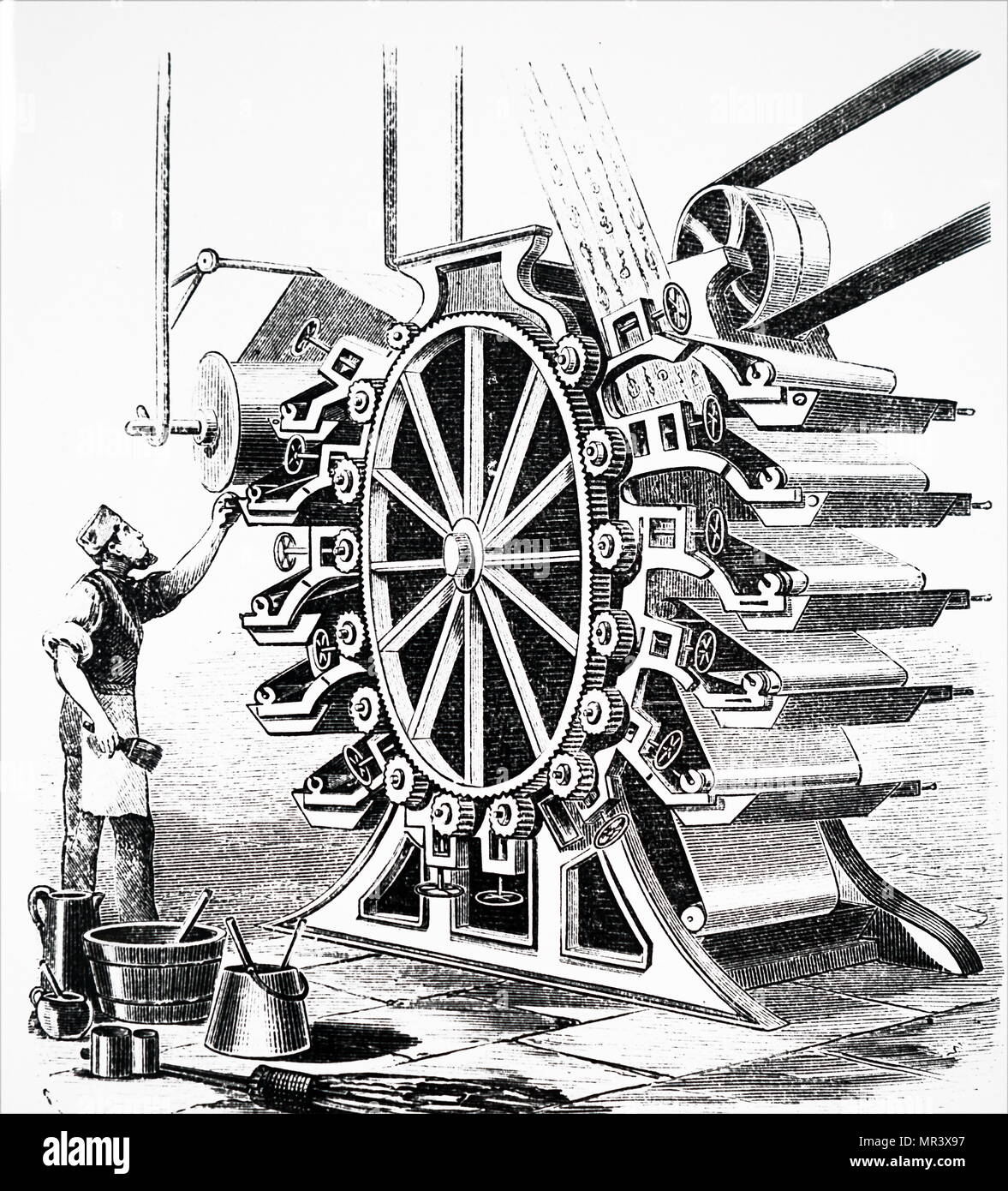 Illustration depicting a wallpaper printing machine. Dated 19th century Stock Photo