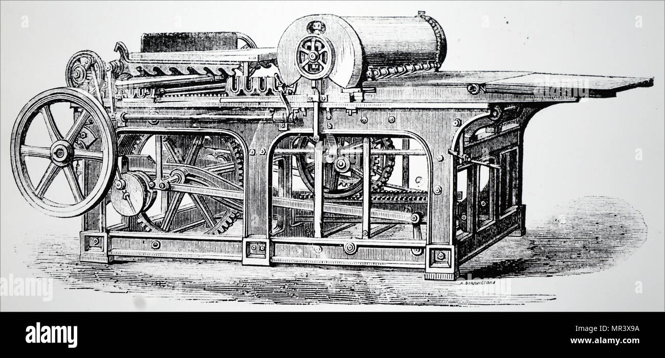 Illustration depicting a flat-bed printing machine without extraneous cogs and levers. Dated 19th century Stock Photo