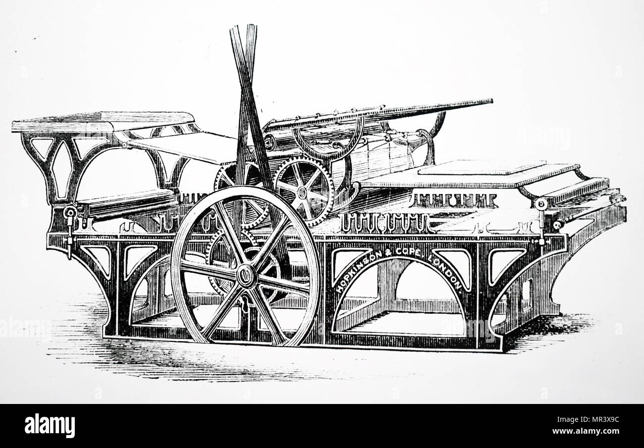 Engraving depicting Augustus Applegath's double cylinder perfecting machine. Augustus Applegath (1788-1871) an English printer and inventor known for developing the first workable vertical-drum rotary printing press. Dated 19th century Stock Photo