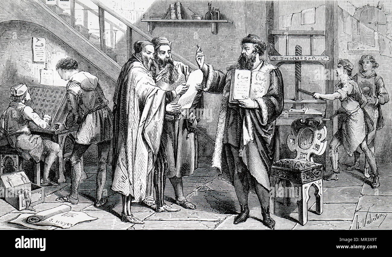 Engraving depicting Johannes Gutenberg's printing shop. Johannes Gutenberg (1400-1468) a German blacksmith, goldsmith, printer, and publisher who introduced printing to Europe. Dated 19th century Stock Photo