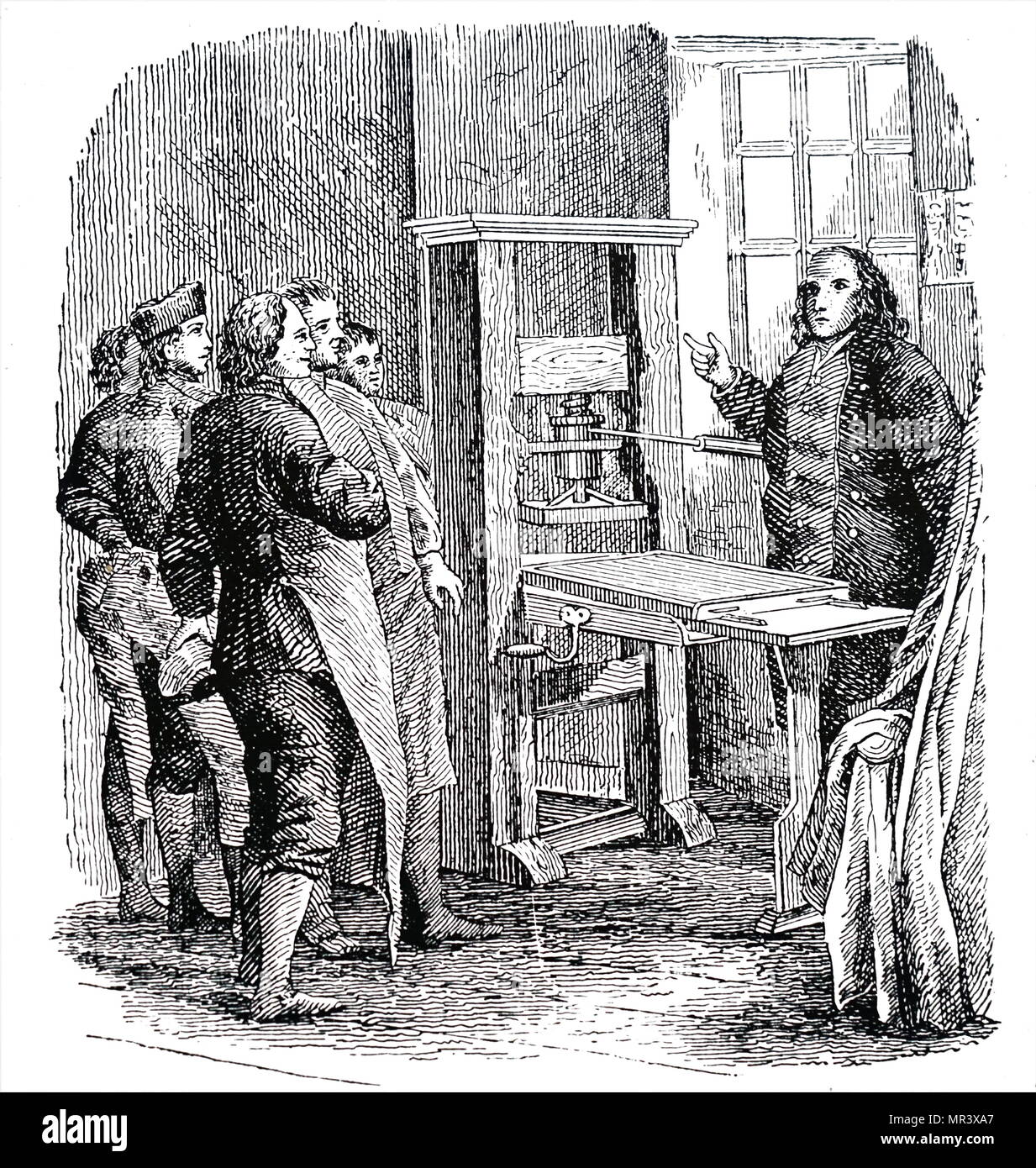 Illustration depicting Benjamin Franklin with the printing press he used in London and which is now preserved in America. Benjamin Franklin (1706-1790) one of the Founding Fathers of the United States, polymath, author, printer, political theorist, politician, freemason and postmaster. Dated 19th century Stock Photo