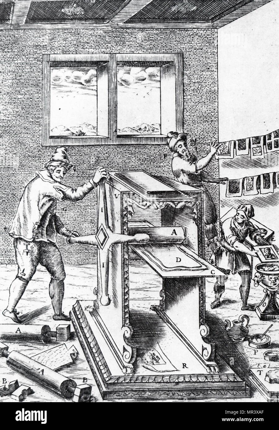 Engraving depicting a copperplate printer. Dated 19th century Stock Photo