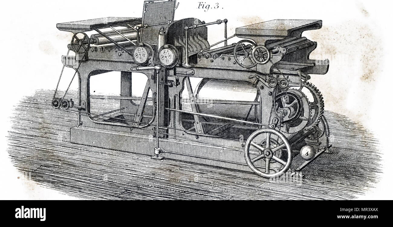 Illustration depicting a printing machine driven by a steam engine heated by solar power collected by the reflector in the centre. Dated 19th century Stock Photo