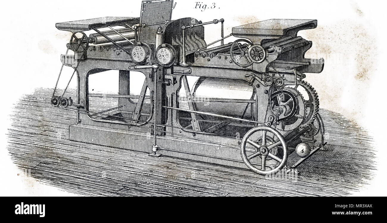 Illustration depicting a printing machine driven by a steam engine
