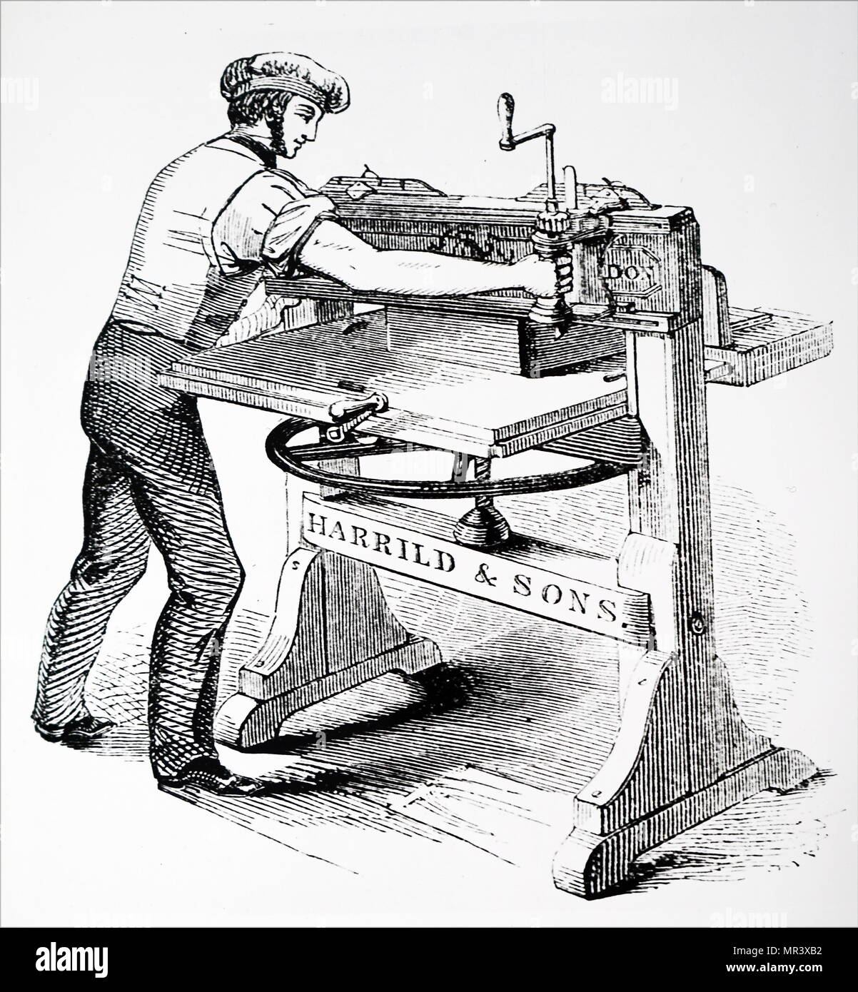 Engraving depicting the Columbian hand printing press, invented by George Clymer. Power was applied to the plate by means of a compound lever. George Clymer (1739-1813) an American politician, inventor, and Found Father of the United States. Dated 19th century Stock Photo