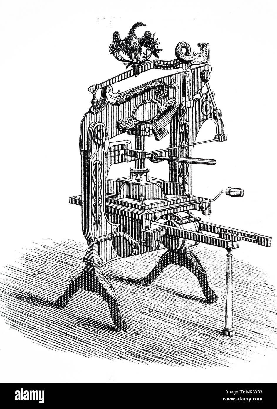 Illustration depicting the Columbian hand printing press, invented by George Clymer of Philadelphia. Power was applied to the plate by means of a compound lever. Dated 19th century Stock Photo