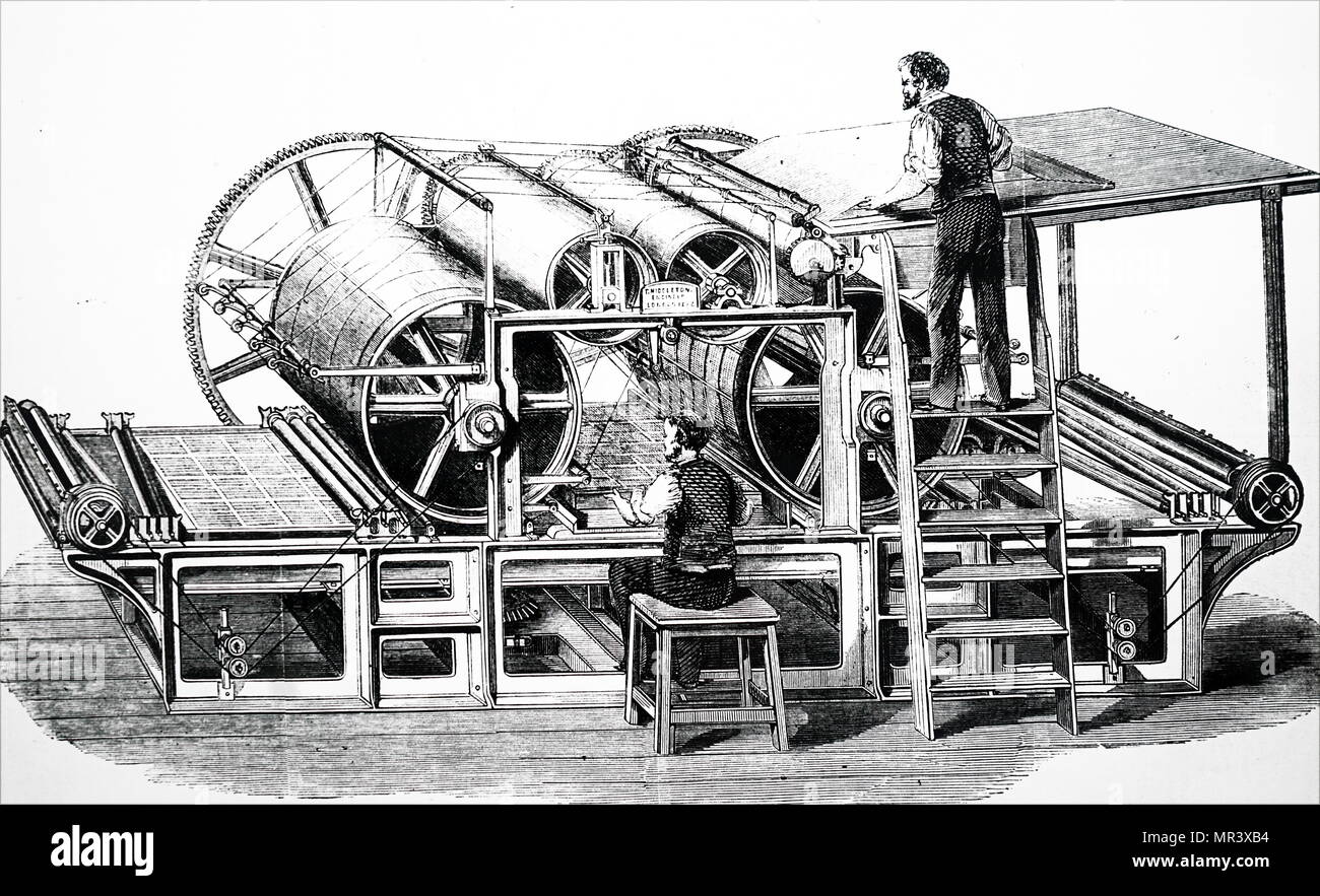 Engraving depicting Augustus Applegath's double cylinder perfecting machine. Augustus Applegath (1788-1871) an English printer and inventor known for developing the first workable vertical-drum rotary printing press. Dated 19th century Stock Photo