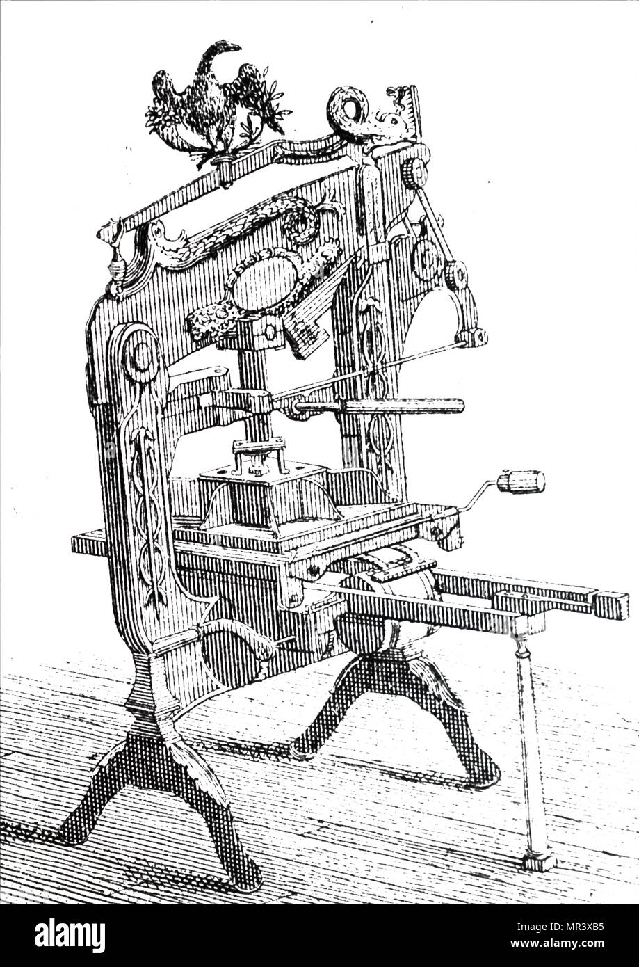 Engraving depicting the Columbian hand printing press, invented by George Clymer. Power was applied to the plate by means of a compound lever. George Clymer (1739-1813) an American politician, inventor, and Found Father of the United States. Dated 19th century Stock Photo
