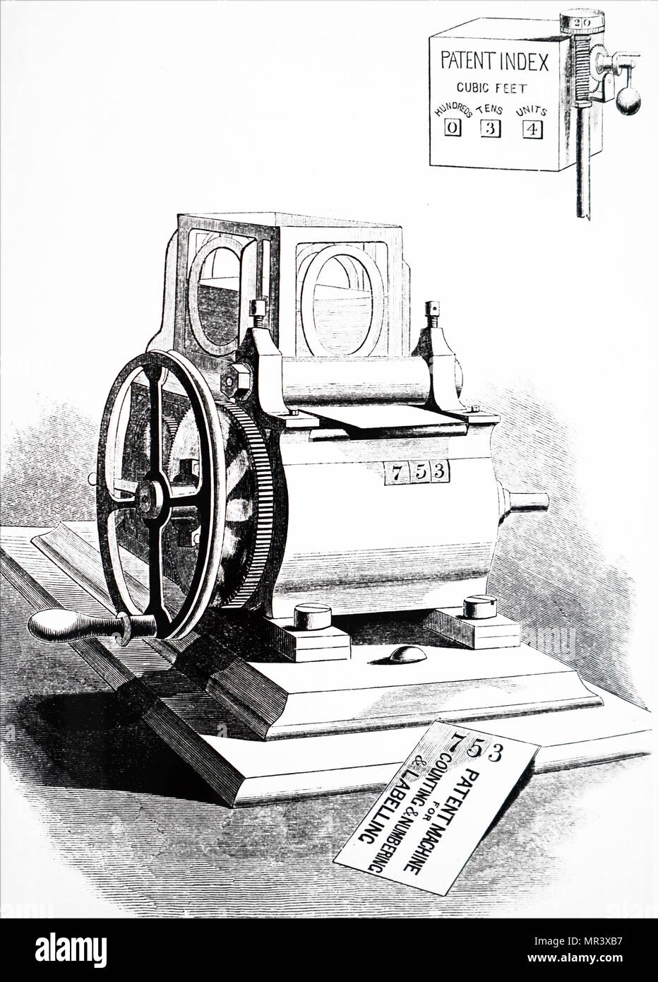Illustration depicting a portable machine for printing and numbering railway tickets. Dated 19th century Stock Photo
