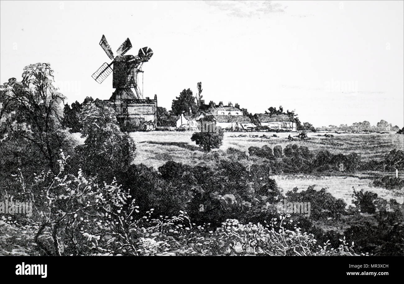 Engraving depicting a windmill on Wimbledon Common which was demolished in 1898. Dated 19th century Stock Photo