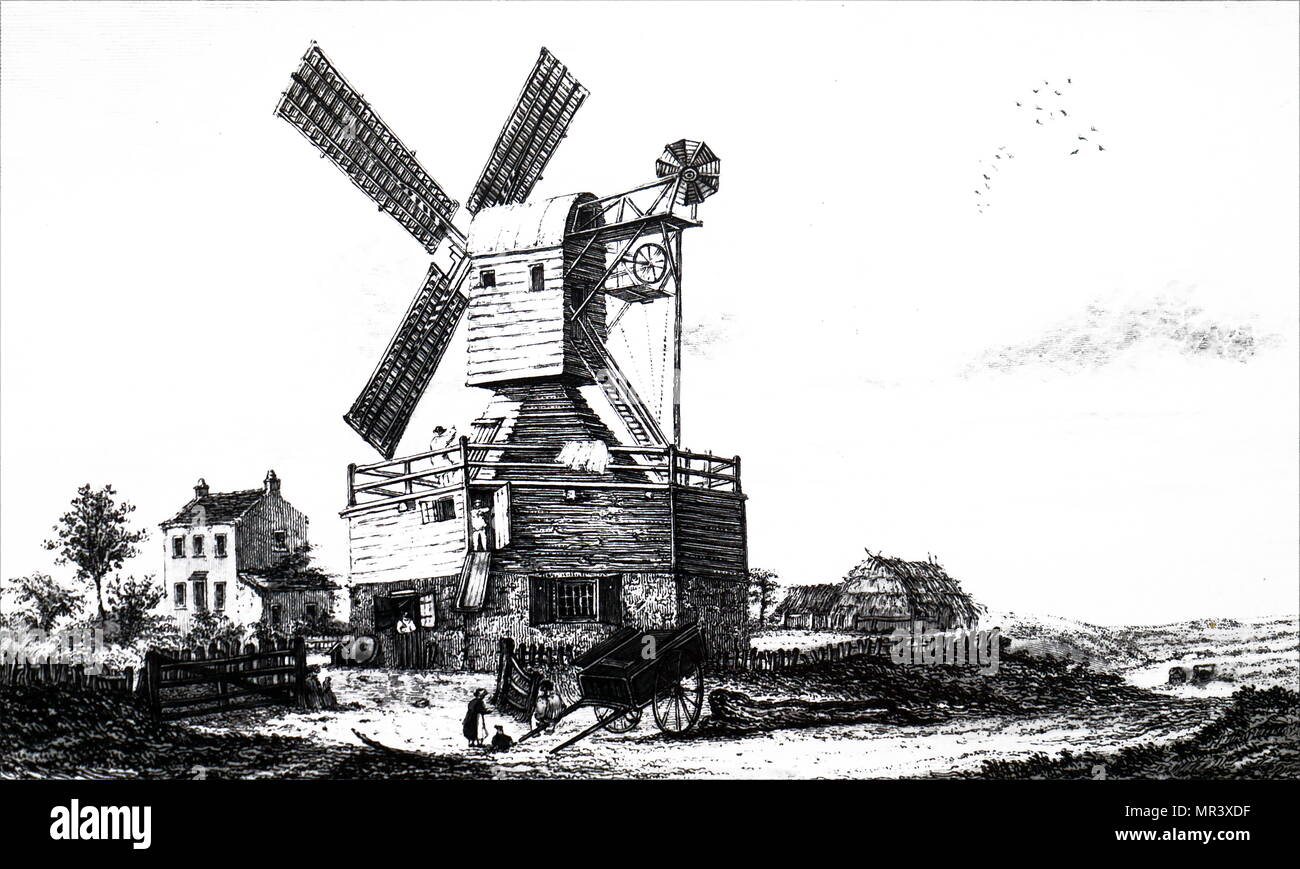Engraving depicting a windmill on Wimbledon Common which was demolished in 1898. Dated 19th century Stock Photo