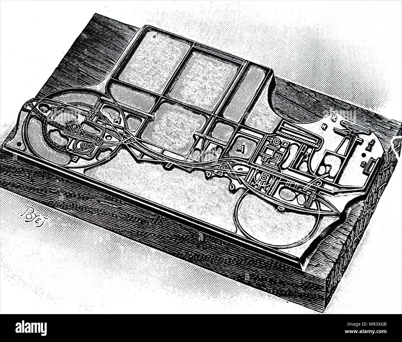 Engraving depicting a wood mounted line block for printing using photography and etching. Dated 20th century Stock Photo